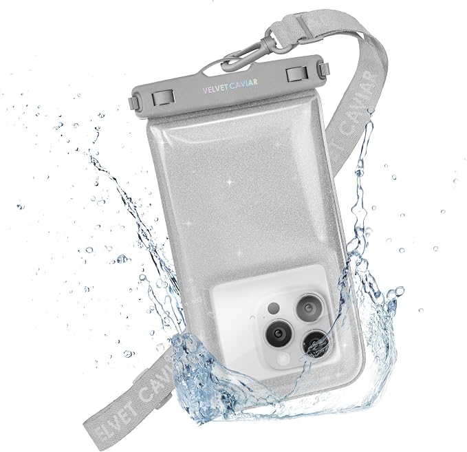 VELVET CAVIAR Waterproof Phone Pouch with Lanyard | IP68 Floating Case for iPhone & All Phones | Dry Bag for Snorkeling, Beach, Kayaking | Travel & Cruise Essentials for Women (Silver Stardust)
