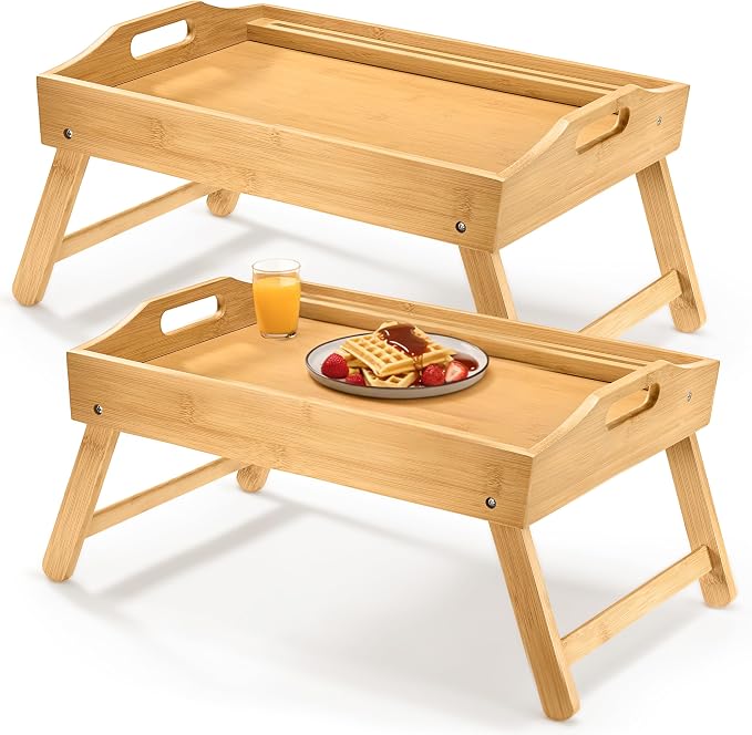 Bed Table Tray with Folding Legs, (2 Pack) Laptop Holder and Handles - Breakfast Tray Bamboo Bed Tray for Eating, Sofa, Bed, Food Trays for Eating on Couch, Snacking and Working