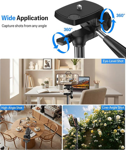 OMOTON TS01 65" Magnetic Phone Tripod for iPhone & Camera, Cell Phone Stand with Remote, Stable Height Adjustable Multi-Angle Shot Selfie Stick Tripod for Video Recording, Live Streaming, Black Set