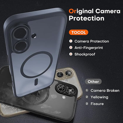 TOCOL Magnetic for iPhone 16 Case, Compatible with Magsafe, Upgraded Full Camera Protection, Drop Protection, Translucent Matte Back Bumper Phone Cover 6.1-Inch（Black）