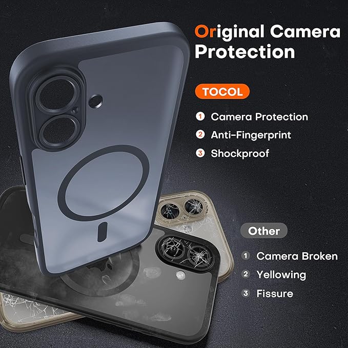 TOCOL for iPhone 16 Plus Case, Compatible with MagSafe, Full Camera Protection Shockproof Military-Grade Magnetic Translucent Matte Back Bumper Phone 16 Plus Cover 6.7-inch（Black）