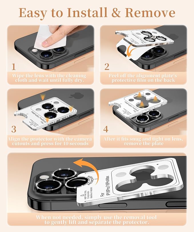 GolbinBox Camera Lens Protector for iPhone 17 Pro Max/17 Pro/16 Pro Max/16 Pro, 1:1 Invisible Fit, 9H Tempered Glass Ultra HD Metal Individual Camera Cover for Women, Case Friendly,Bling/Black