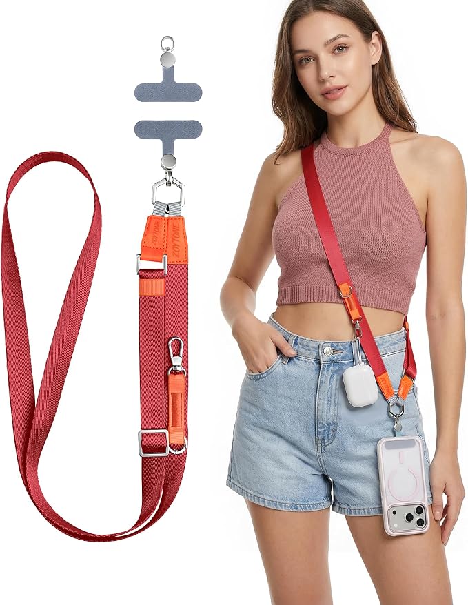 Phone Lanyard Crossbody with 2 Phone Tabs, Adjustable Anti Theft Phone Strap for iPhone & Android, Universal Skin-Friendly Cell Phone Neck Lanyard for Travel Hiking Cycling Shopping (Red)
