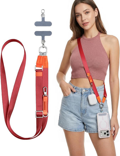 Phone Lanyard Crossbody with 2 Phone Tabs, Adjustable Anti Theft Phone Strap for iPhone & Android, Universal Skin-Friendly Cell Phone Neck Lanyard for Travel Hiking Cycling Shopping (Red)