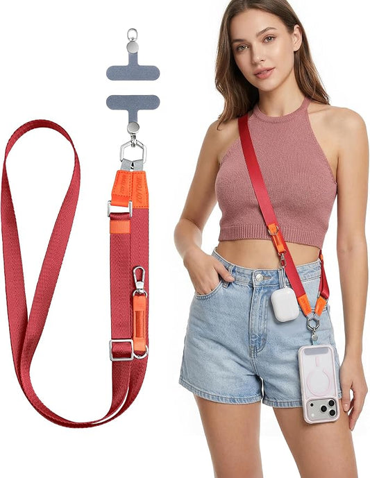 Phone Lanyard Crossbody with 2 Phone Tabs, Adjustable Anti Theft Phone Strap for iPhone & Android, Universal Skin-Friendly Cell Phone Neck Lanyard for Travel Hiking Cycling Shopping (Red)