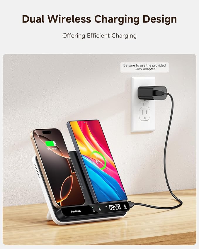 Dual Wireless Charger Stand, SwanScout 504, Foldable Wireless Charging Station Pad for iPhone 17/Air/16/15/ Series, Samsung Galaxy S25/S24/S23, Google Pixel 10/9/8, Android Phones, AirPods/Galaxy Buds