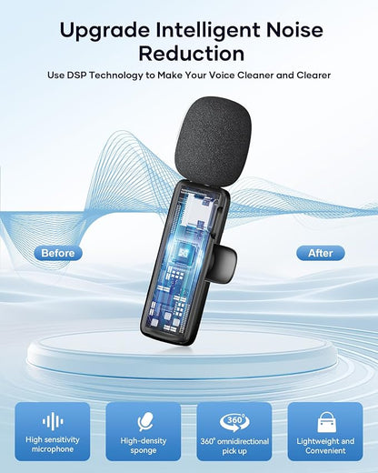 Wireless Microphone for iPhone iPad Android Phone and Camera, 2 Pack Wireless Lavalier Lapel Mic with Noise Reduction, 3 in 1 Mini Microphone for Video Recording Interview Podcast YouTube TikTok Vlog