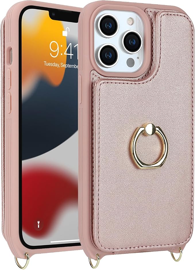 Lipvina for iPhone 13 Pro Case with Card Holder and Strap for Women,Crossbody Lanyard,RFID Blocking,Kickstand Ring Stand,Snap Clasp,Phone Wallet Cases 6.1 inch(Rose Gold)