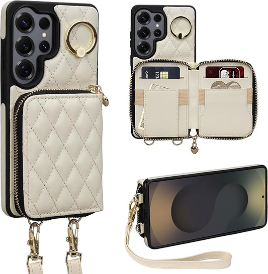 Keallce Case for Samsung Galaxy S26 Ultra 6.9'' Wallet Case,Crossbody Zipper Purse Wrist Strap Lanyard Handbag,RFID Blocking Card Slots,Flip Leather Cover for Samsung S26 Ultra,Beige