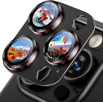 Uyiton Professional Camera Style for iPhone 16 Pro Max/16 Pro/14 Pro Max/14 Pro Camera Lens Protector - [Unique Typography + Phone Lens Red Circle Design] Metal Tempered Glass Camera Cover, Black+Red