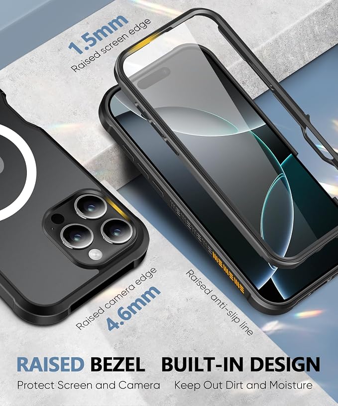 Compatible with iPhone 16 Pro Case, Built-in Screen Protector, with Camera Lens Protector, [Compatible with MagSafe] Matte Back Full Body Phone Case, Protective Cover for 16Pro 6.3" (Black)