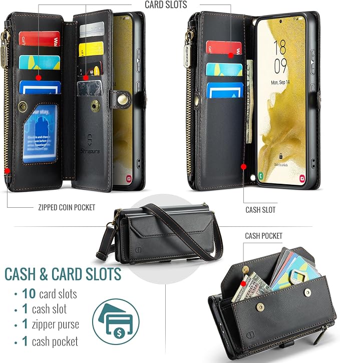 Strapurs Crossbody Wallet Case Compatible with Samsung Galaxy S22 Plus RFID Blocking Card Holder Soft PU Leather Magnetic Snap Strap Zipper Pocket Phone Case Fit for Galaxy S22+/ S22 Plus - Black