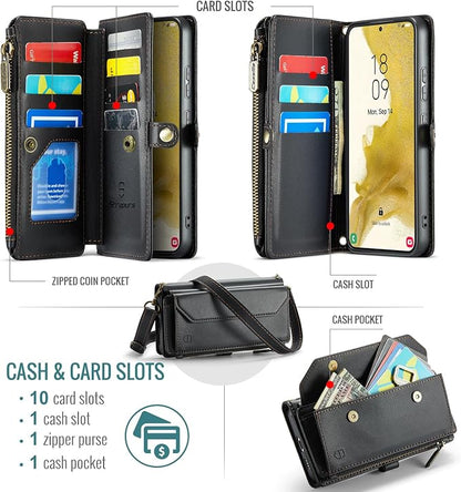 Strapurs Crossbody Wallet Case Compatible with Samsung Galaxy S22 Plus RFID Blocking Card Holder Soft PU Leather Magnetic Snap Strap Zipper Pocket Phone Case Fit for Galaxy S22+/ S22 Plus - Black