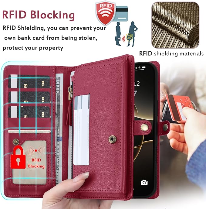for Wallet Case Compatible with iPhone 15 Pro Max,Multi-Function Detachable 2 in 1 Magnetic iPhone 15 Pro Max Case Wallet,Flip Strap Zipper Card Holder Phone Case with Shoulder Straps (Red)