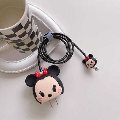 3D Cute Cartoon Charger Protector Case - Compatible for Apple 20W USB-C Power Adapter and Lightning Cable (Black MouseB)