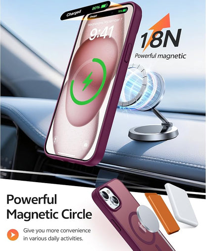 FNTCASE for iPhone 15/14/13 Case, Fit for Magsafe, Glass Screen Protector | Translucent Matte, Magnetic Phone Cases, 14FT Military Grade Drop Protection, Slim Shockproof Protective Cover, Wine Red