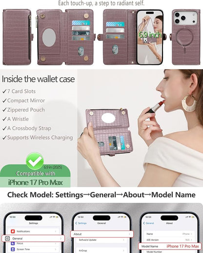 Crossbody Wallet Case for iPhone 17 Pro Max with Mirror, Wrist Strap, Zipper Purse Magnetic Flip, RFID Blocking Card Holder, Wireless Charging, PU Leather Shockproof 6.9" Women (Rose Gold)