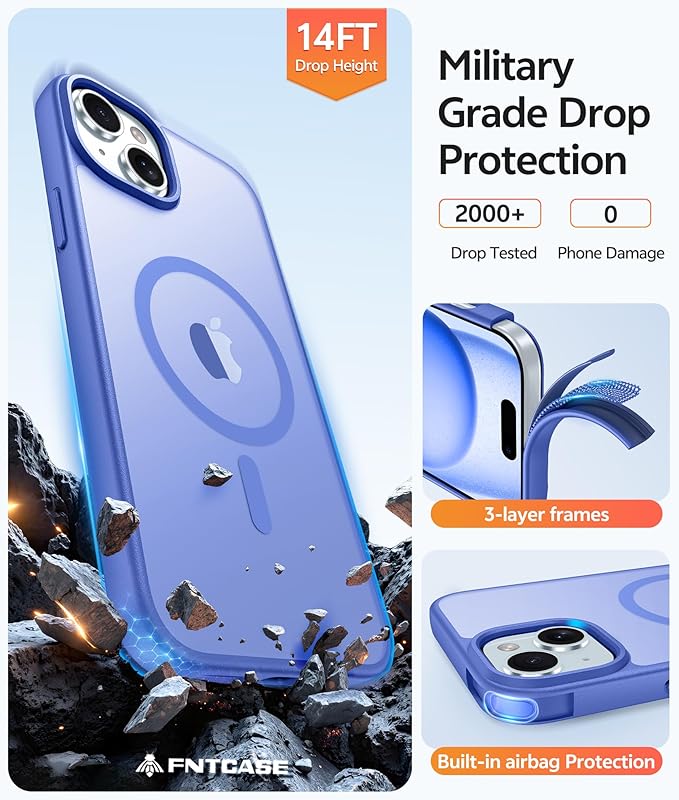 FNTCASE for iPhone 15 Case: for iPhone 14 & iPhone 13 Case | Magnetic Frosted Translucent Slim Shockproof Cell Phone Cover | Military Grade Protection Drop Proof Tough Protective Cases - Ultramarine | Magnetic, Frosted, Translucent, Slim, Shockproof
