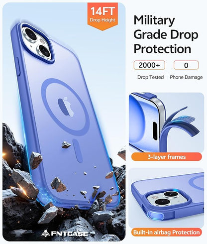 FNTCASE for iPhone 15 Case: for iPhone 14 & iPhone 13 Case | Magnetic Frosted Translucent Slim Shockproof Cell Phone Cover | Military Grade Protection Drop Proof Tough Protective Cases - Ultramarine | Magnetic, Frosted, Translucent, Slim, Shockproof