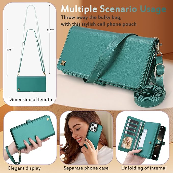for Wallet Case Compatible with iPhone 16 Pro Max,Multi-Function Detachable 2 in 1 Magnetic iPhone 16 Pro Max Case Wallet,Flip Strap Zipper Card Holder Phone Case with Shoulder Straps (Green)