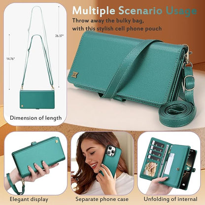 for Wallet Case Compatible with iPhone 16 Pro,Multi-Function Detachable 2 in 1 Magnetic iPhone 16 Pro Case Wallet,Flip Strap Zipper Card Holder Phone Case with Shoulder Straps (Green)
