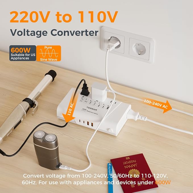 TESSAN 600W Pure Sine Wave 220V to 110V Voltage Converter | US to Europe, 4 USB Ports PD 35W QC 30W, EU/UK/AU/IT/India Plug Adaptor, Step Down Transformer, Universal Travel Adapter
