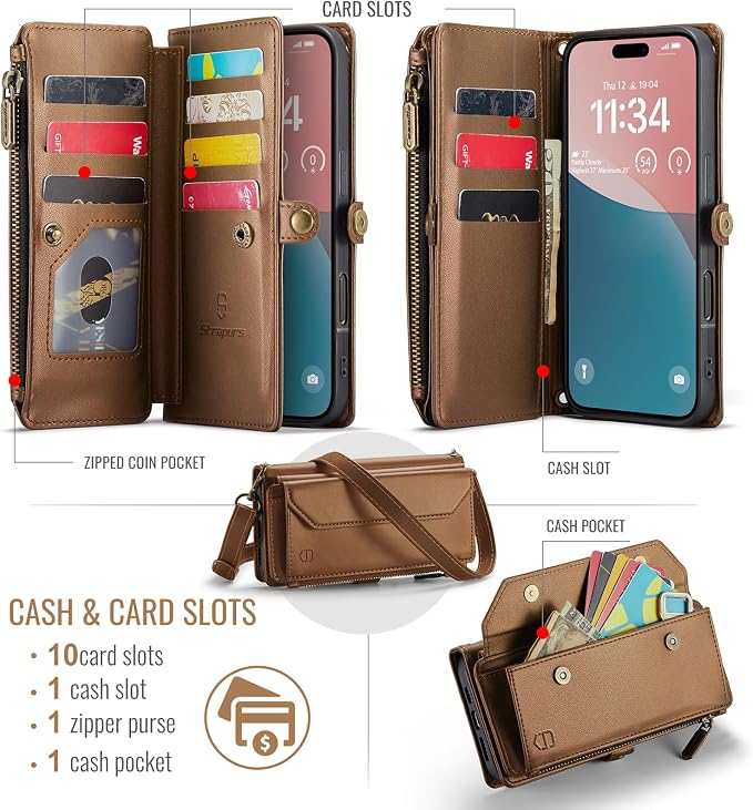 Strapurs Wallet Case Compatible with iPhone 16 Plus 6.7" RFID Blocking 10-Card Holder Soft PU Leather Magnetic Snap Shoulder Strap Zipper Pocket Phone Case Fit for iPhone 16 Plus - Brown