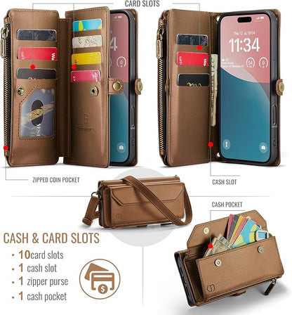 Strapurs Wallet Case Compatible with iPhone 16 Plus 6.7" RFID Blocking 10-Card Holder Soft PU Leather Magnetic Snap Shoulder Strap Zipper Pocket Phone Case Fit for iPhone 16 Plus - Brown