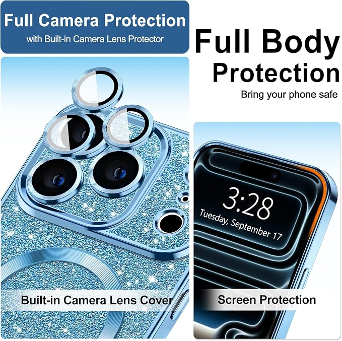 Hython for iPhone 17 Pro Case Glitter Clear Magnetic Phone Cases [Compatible with MagSafe] Full Camera Lens Protector Sparkle Luxury Plating Slim Shockproof Protective Cover Women, Light Blue