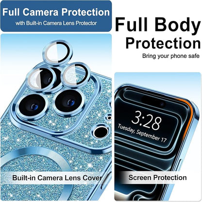Hython for iPhone 17 Pro Case Glitter Clear Magnetic Phone Cases [Compatible with MagSafe] Full Camera Lens Protector Sparkle Luxury Plating Slim Shockproof Protective Cover Women, Light Blue