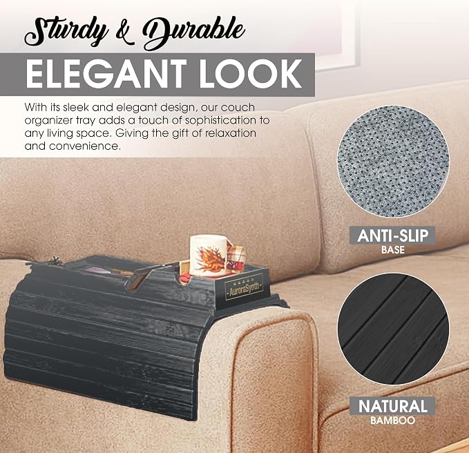 Couch Cup Holder Tray with 2 Cork Coasters, Couch Caddy, Anti-Slip Foldable Armrest Sofa Tray, Couch Armrest Table, Anti-Spill Holder for Remote, Snacks, Cellphone - Ideal Gift (Black)