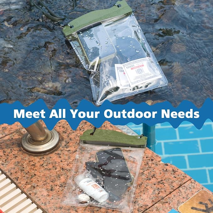 YUMQUA Large Watperproof Pouch 2 Pack [Up to 11.3"], IPX8 Waterproof Cell Phone Case Dry Bag Pouch Compatible with iPhone 14 13 12 Pro Max, Galaxy S23 Ultra S22 or iPad mini, Army Green+Yellow
