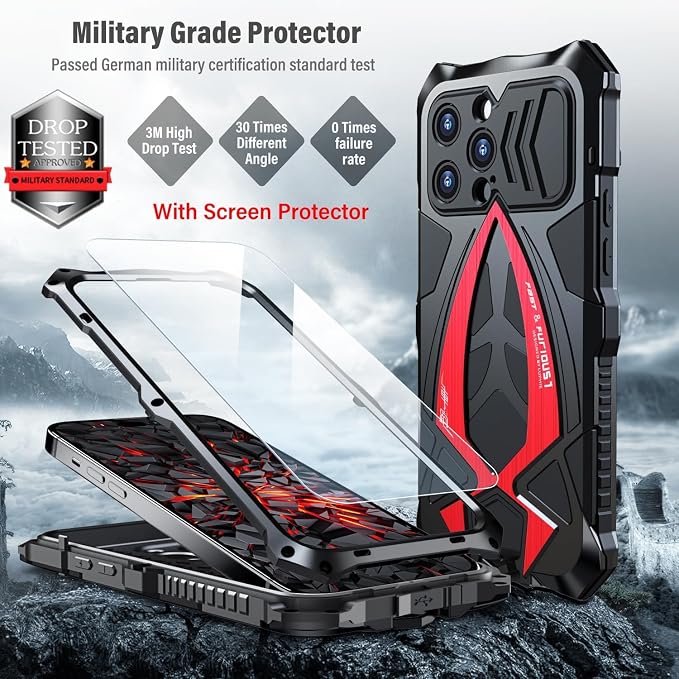 Armor Phone Case for iPhone 15 Pro Max Military Grade Drop Tested 360 Full Protection Cover Heavy Duty Hybrid Metal Bumper Built-in Silicone Shockproof Dustproof with Screen Protector - Black