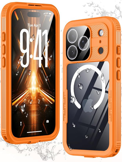 GOLDJU Magnetic for iPhone 17 Pro Case-Waterproof, Built-in Screen & Camera Protector-IP68 Underwater Full Body 16FT Military Dropproof Shockproof Case for 17 Pro 6.3''- Orange
