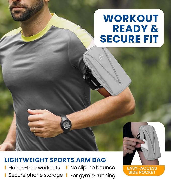 HiRui Cell Phone Holder Arm Bag & Wrist Bag for Phone, Sports Running Armband for Gym & Cycling, Compatible with iPhone 17/17Pro/Plus/16/15 Samsung Galaxy All Phones, Reflective & Adjustable (Gray)