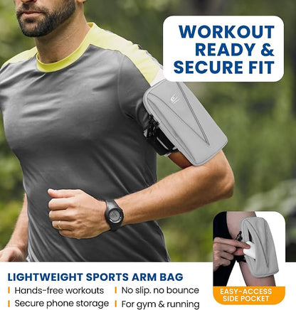 HiRui Cell Phone Holder Arm Bag & Wrist Bag for Phone, Sports Running Armband for Gym & Cycling, Compatible with iPhone 17/17Pro/Plus/16/15 Samsung Galaxy All Phones, Reflective & Adjustable (Gray)