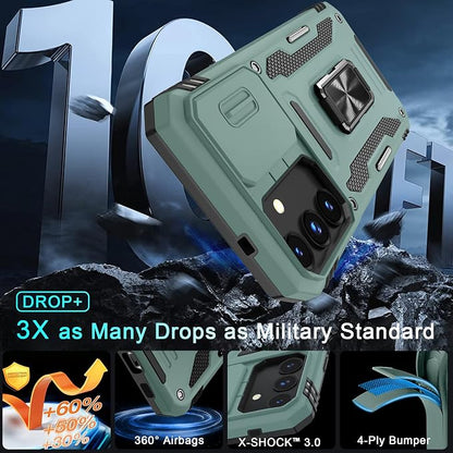 DEERLAMN Case for Samsung Galaxy S25 FE 6.7-Inch with Slide Camera Cover+Screen Protector(1 Pack), Rotated Ring Kickstand Military Grade Shockproof Protective Cover-Green