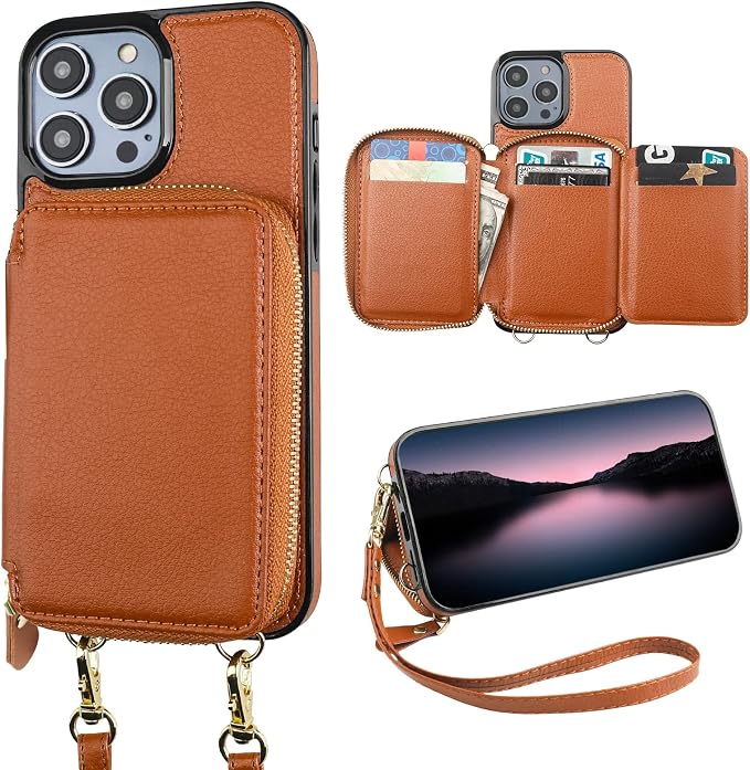 Bocasal RFID Blocking Wallet Case for iPhone 14 Pro Max, Adjustable Crossbody Zipper Purse Case Card Holder with Kickstand Detachable Wrist Strap, PU Leather Flip Folio Case 6.7 Inch 5G (Brown)