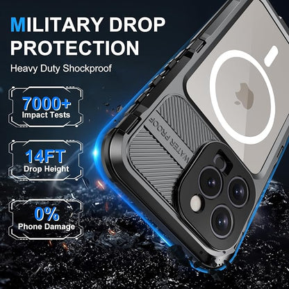 WIFORT for iPhone 16 Pro Max Waterproof Case - Metal Heavy Duty [Built-in Screen Protector] [14FT Military Shockproof] [Fit for MagSafe], IP68 Full Body Rugged Water Proof Magnetic Cover, 6.9" Black
