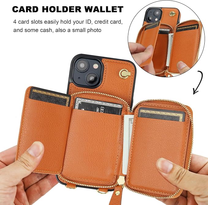 Bocasal for MagSafe Crossbody Wallet Case Compatible with iPhone 15, RFID Blocking Protective Purse Case with Card Slots Holder Kickstand Wrist Strap Lanyard Zipper 6.1 Inch 5G (Brown)
