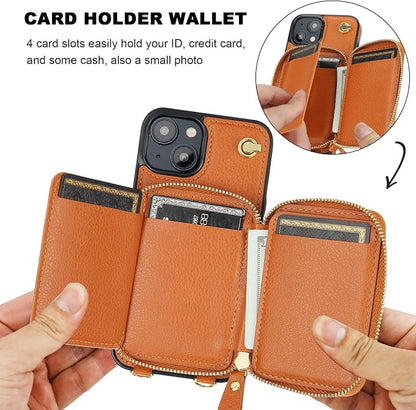 Bocasal for MagSafe Crossbody Wallet Case Compatible with iPhone 15, RFID Blocking Protective Purse Case with Card Slots Holder Kickstand Wrist Strap Lanyard Zipper 6.1 Inch 5G (Brown)