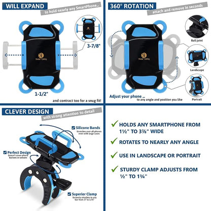 Baby Stroller Phone Holder, Shopping Cart, Golf Cart, Push Cart, Bike Phone Mount, for Motorcycle, Scooter, ATV, Boat, Spin Bike, Treadmill, Handlebar- Universal- iPhone, Cell Phone Clamp (Blue)