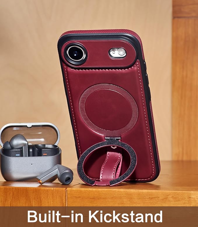 for iPhone Air Leather Case with Stand, Anti-Slip Grip Ring, Fits for MagSafe (Burgundy, iPhone Air)