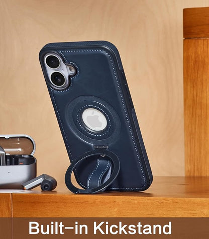 for iPhone 16 Leather Case with Stand, Anti-Slip Grip Ring, Fits for MagSafe (Blue, iPhone 16)