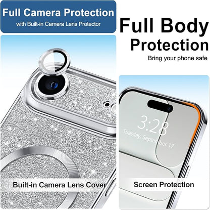 Hython for iPhone Air Case Glitter Clear Magnetic Phone Cases [Compatible with MagSafe] Full Camera Lens Protector Sparkle Luxury Plating Slim Shockproof Protective Cover Women, Silver