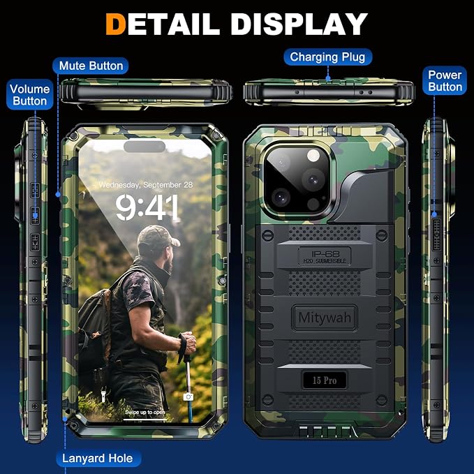 Mitywah Waterproof Case for iPhone 15 Pro, Heavy Duty Shockproof Case with Built-in Screen Protector, Full Body Underwater Protective Metal Case 6.1 inch, Camouflage