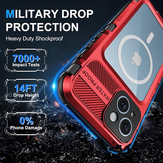 WIFORT for iPhone 15 Plus Waterproof Case - Built-in [Screen Protector][IP68 Water Proof][14FT Military Grade Shockproof], Rugged Metal Full Body Aluminum Protective Drop Protection Cover, 6.7" Red