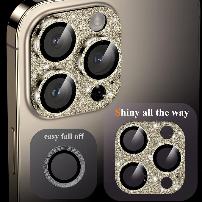 YWXTW for iPhone 14 Pro/iPhone 14 Pro Max Camera Lens Protector, [4TH Gen New Bling Design] Glitter Shiny Diamond Metal Ring Tempered Glass Back Camera Screen Protector Lens Cover (Gold)