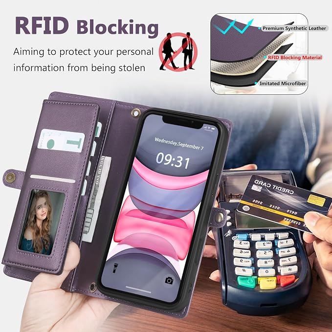 Wallet Case for iPhone 11 with Card Holder/Crossbody Wallet/Strap| RFID Blocking | Magnetic | Kickstand | Detachable | PU Leather Phone Case for iPhone 11,6.1 in,Purple