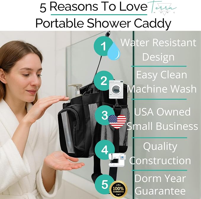 TERRA HOME Portable XL Shower Caddy Bag - College Dorm Room Essentials for Men, Women, Students - Foldable, Water Resistant with Hanging Keychain Hook and Shoulder Strap Shower Organizer Bag (Black)